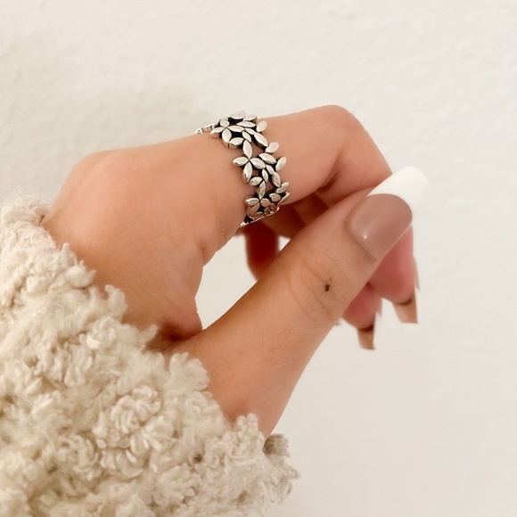 925 Sterling Silver Flower Ring Geometric Ring Leaf Ring Silver Chunky Ring - Picture 8 of 10